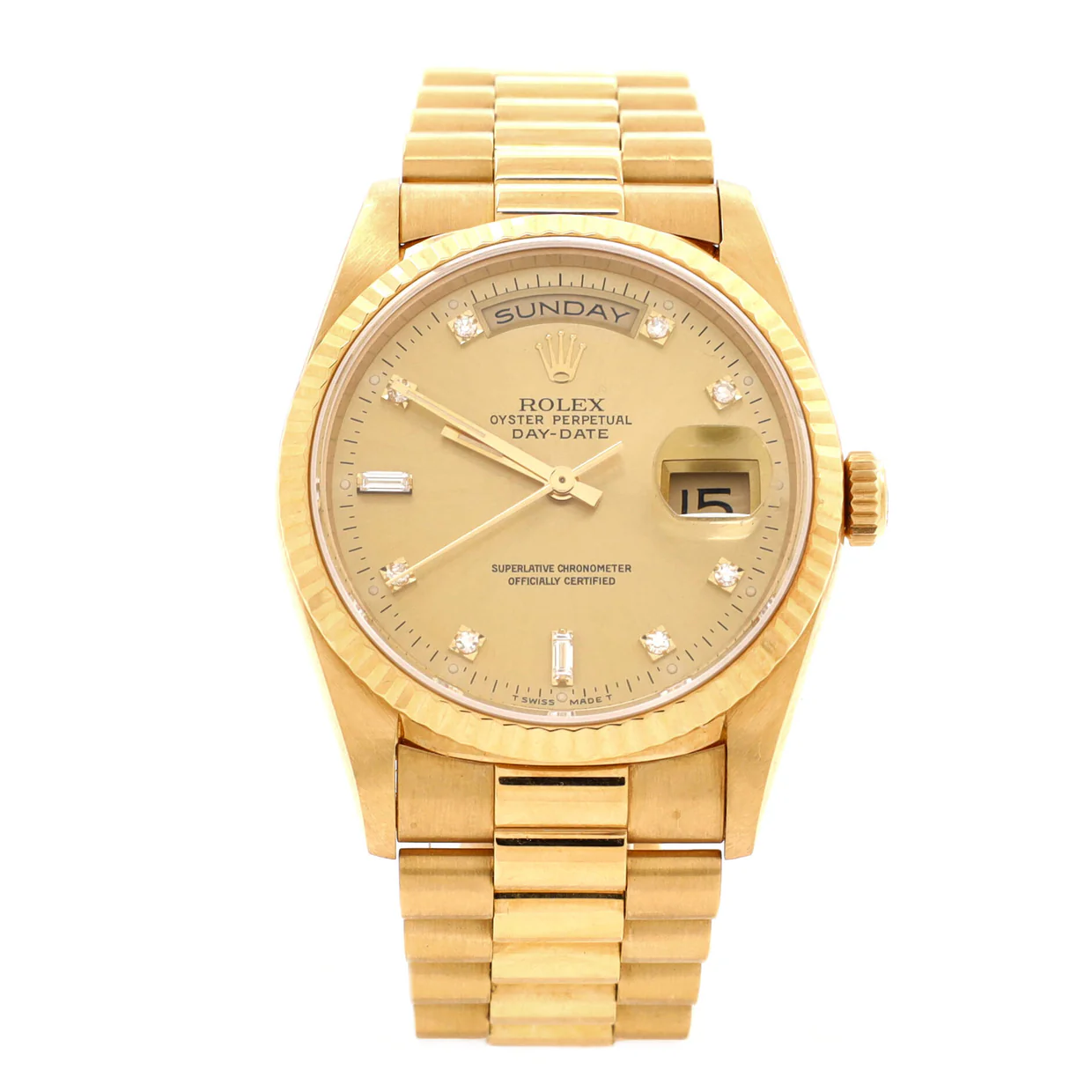 Oyster Perpetual President Day-Date Automatic Watch Yellow Gold with Round and Baguette Diamond Markers 36 - Deep Luxury