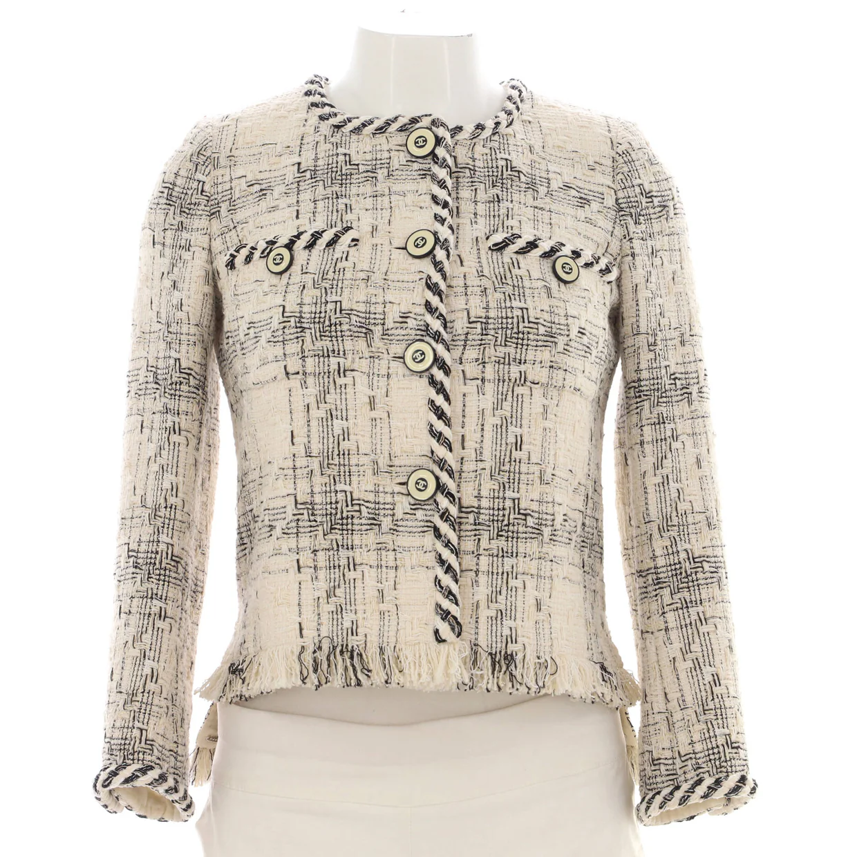 Women's Braided Trim Collarless Button Up Jacket Tweed - Deep Luxury