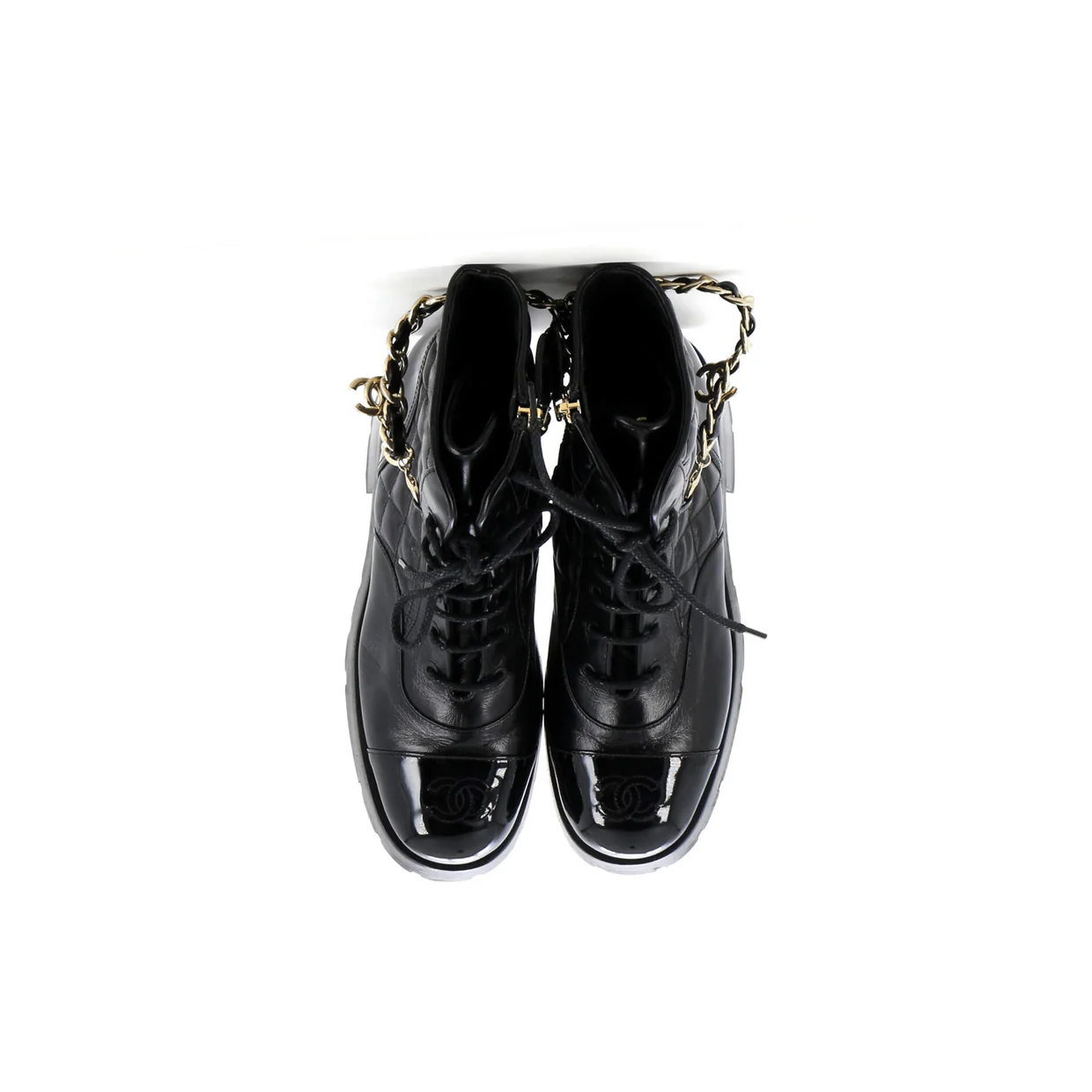 Women's Charm Chain CC Cap Toe Combat Boots Quilted Leather - Deep Luxury
