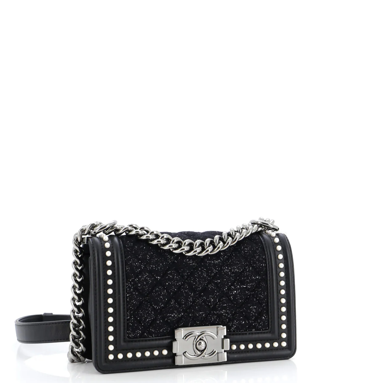 Boy Flap Bag Quilted Tweed with Pearl Embellished Calfskin Small - Deep Luxury