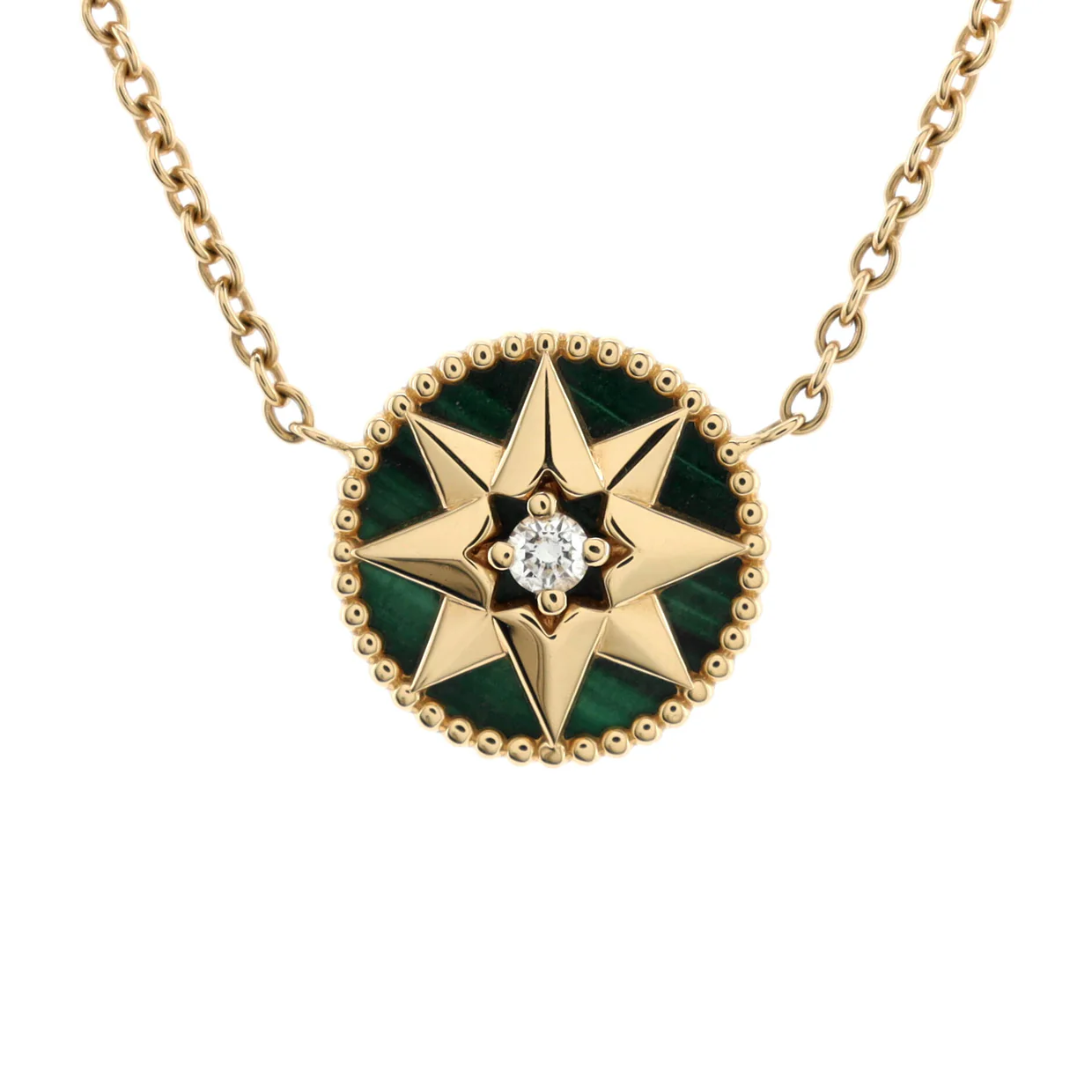 Rose des Vents Necklace 18K Yellow Gold with Diamond and Malachite 12mm - Deep Luxury