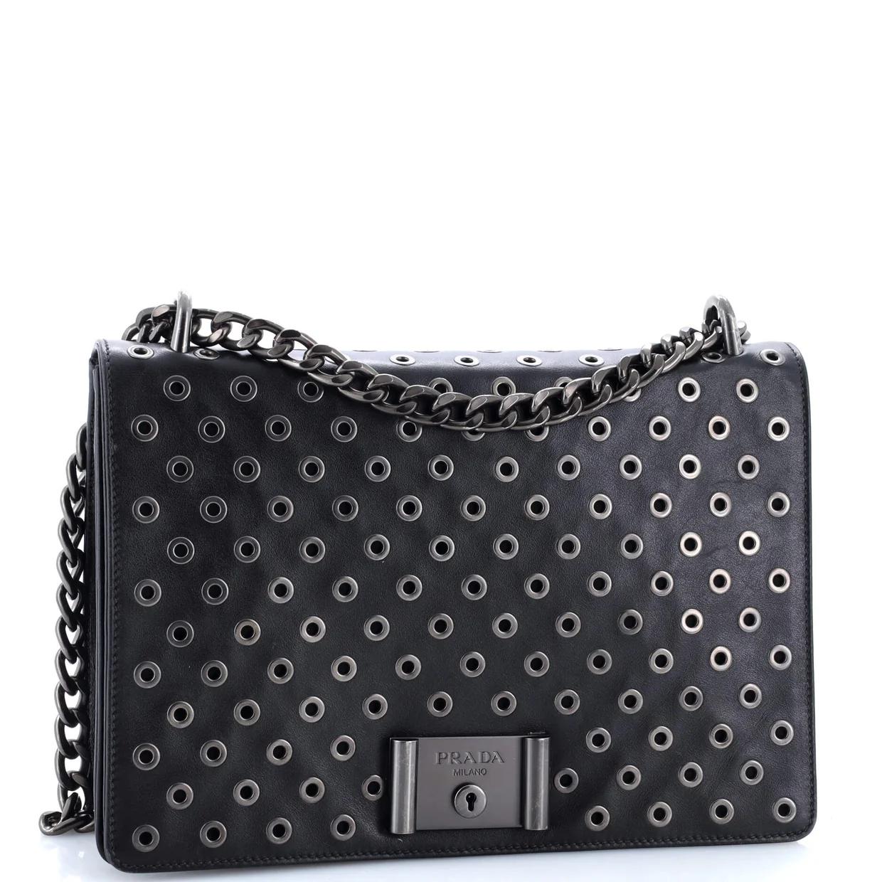Grommet Lock Flap Chain Shoulder Bag Leather Medium - Deep Luxury