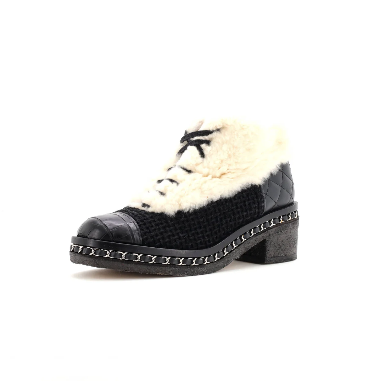 Women's Chain Sole Cap Toe Lace Up Ankle Boots Tweed and Fur with Leather - Deep Luxury