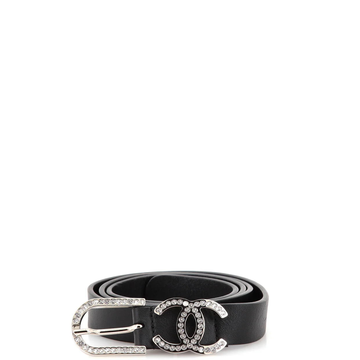 CC Buckle Belt Leather with Crystal Embellished Metal Thin 90 - Deep Luxury