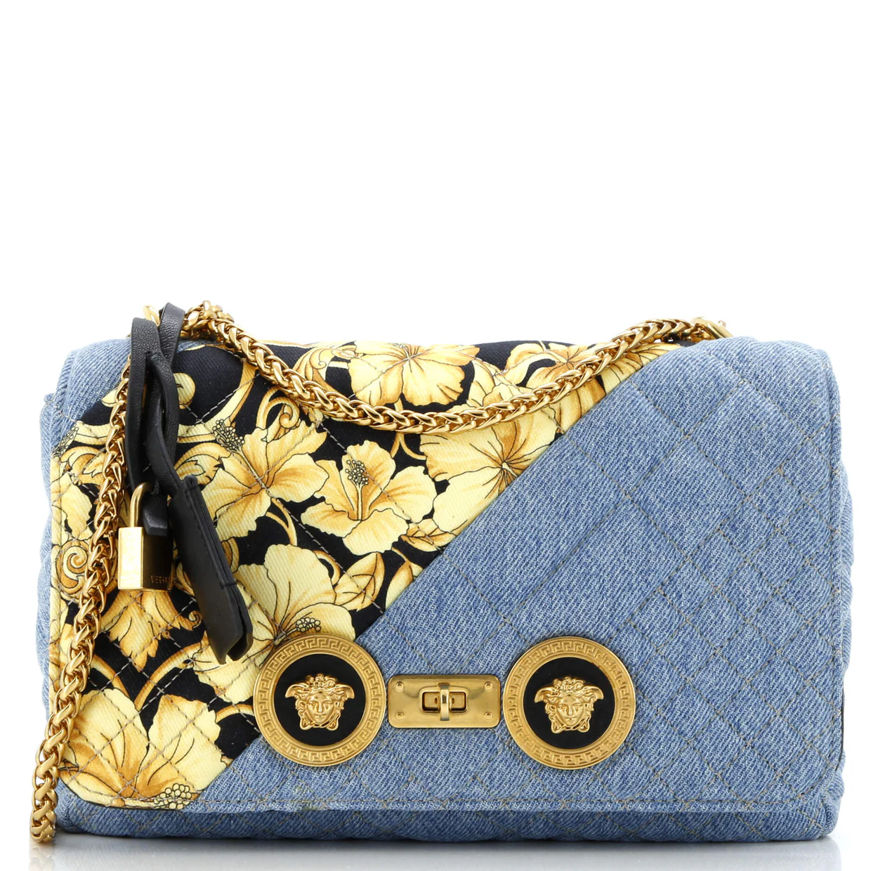 Medusa Padlock Icon Flap Bag Quilted Printed Denim Medium - Deep Luxury