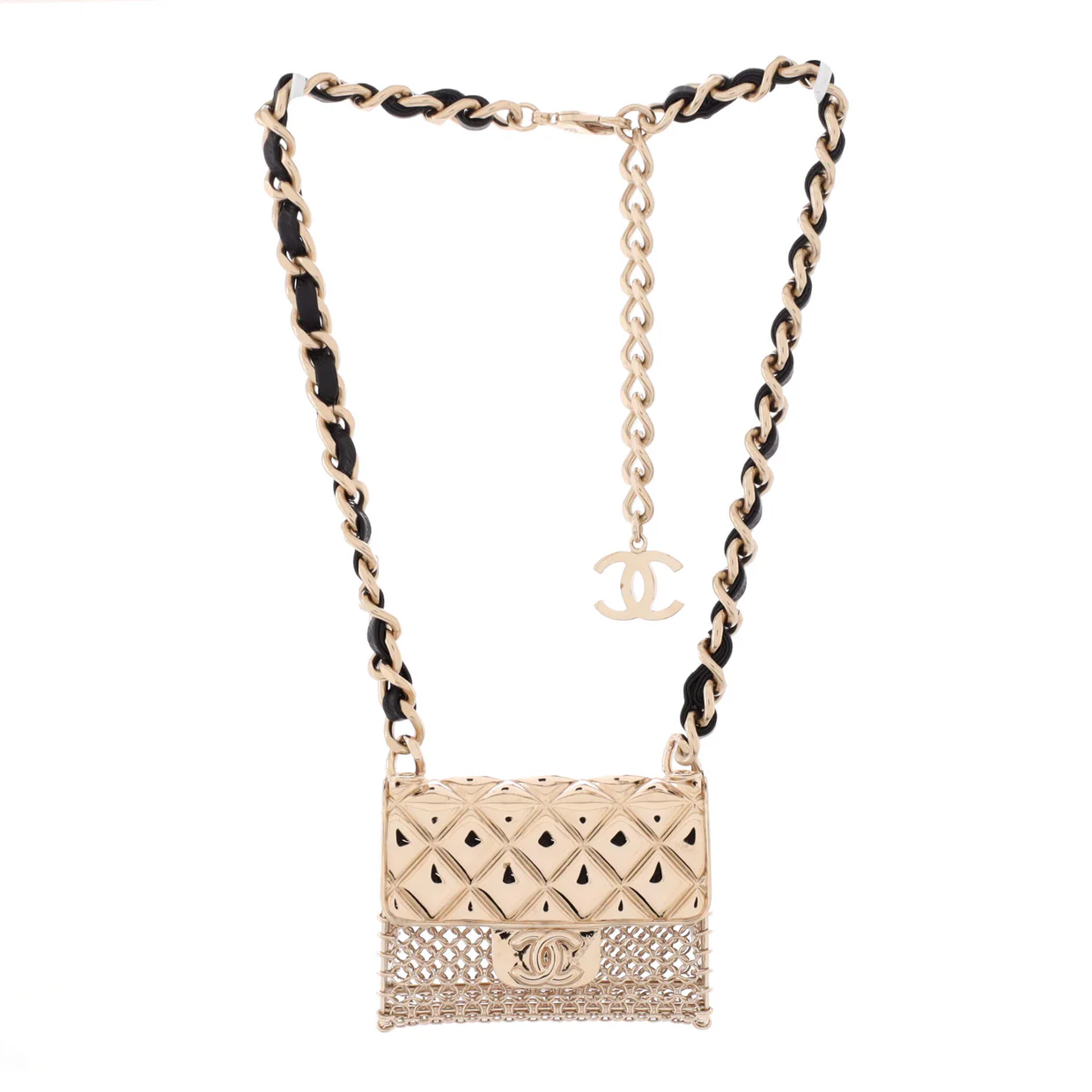 Flap Bag Chain Pendant Necklace Quilted Metal with Lambskin - Deep Luxury