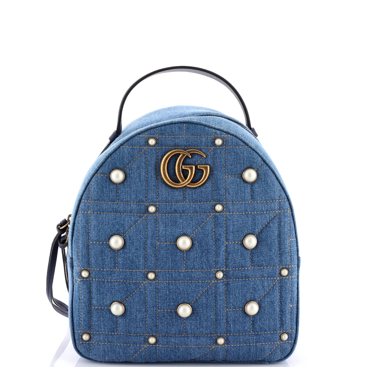 Pearly GG Marmont Backpack Embellished Matelasse Denim Small - Deep Luxury