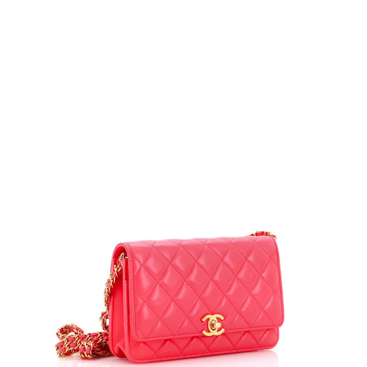 Double Chain CC Wallet on Chain Quilted Shiny Calfskin - Deep Luxury