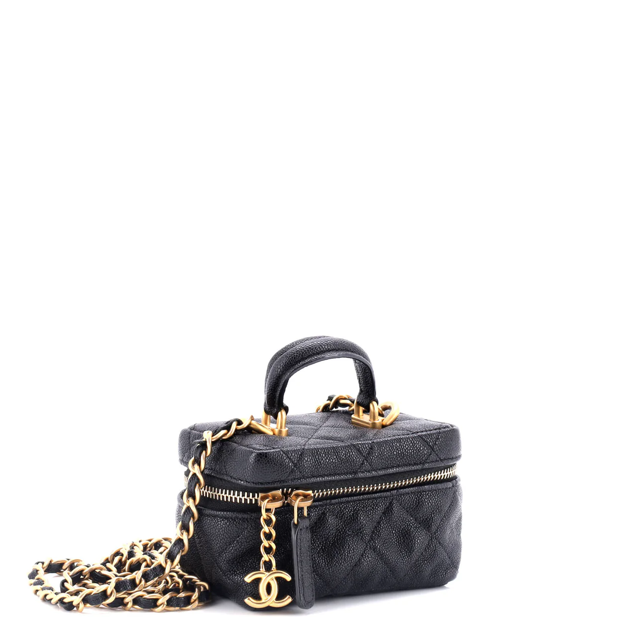 Top Handle Zip Around Vanity Case with Chain Quilted Caviar Mini - Deep Luxury