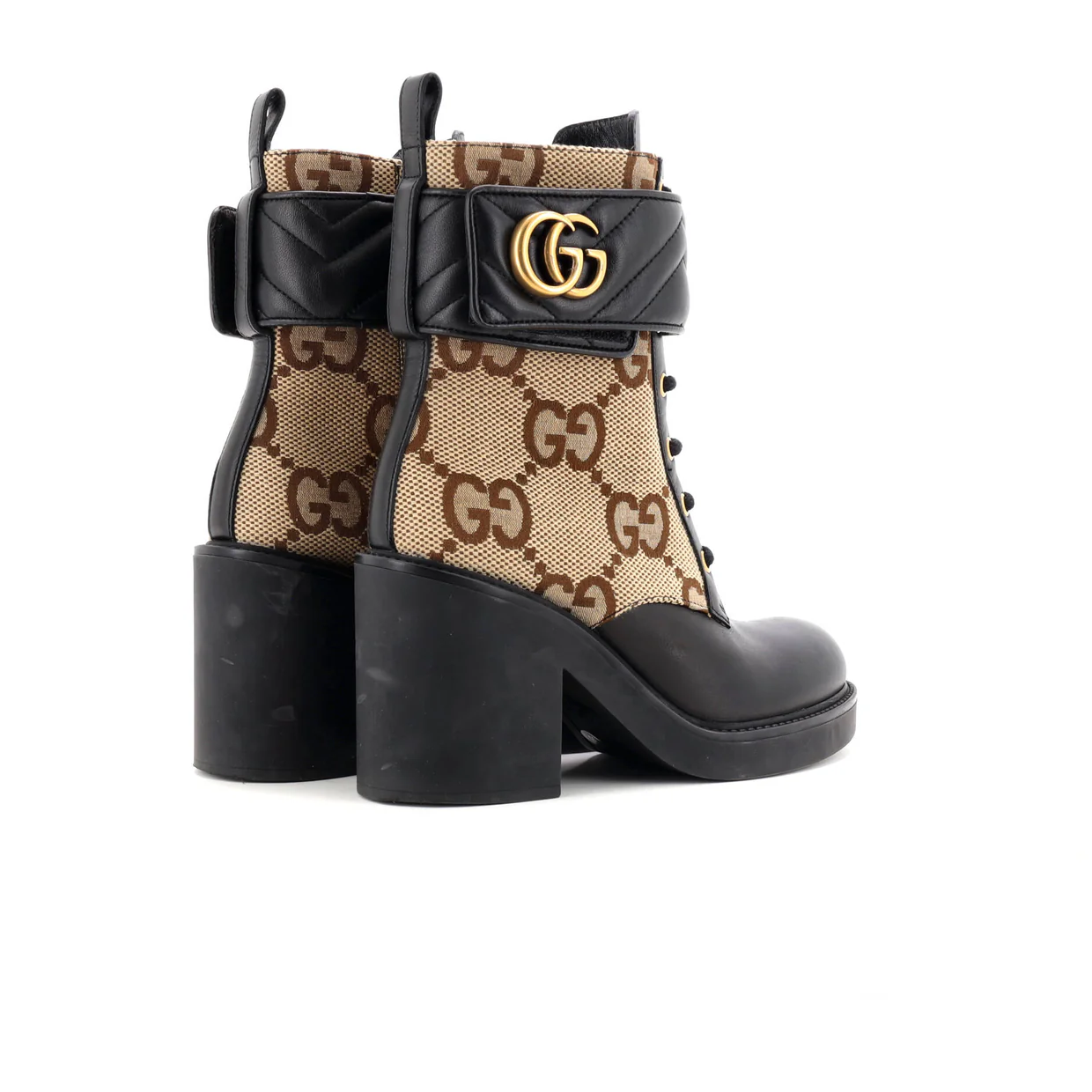 Women's GG Marmont Heeled Lace-Up Ankle Boots GG Canvas and Leather - Deep Luxury