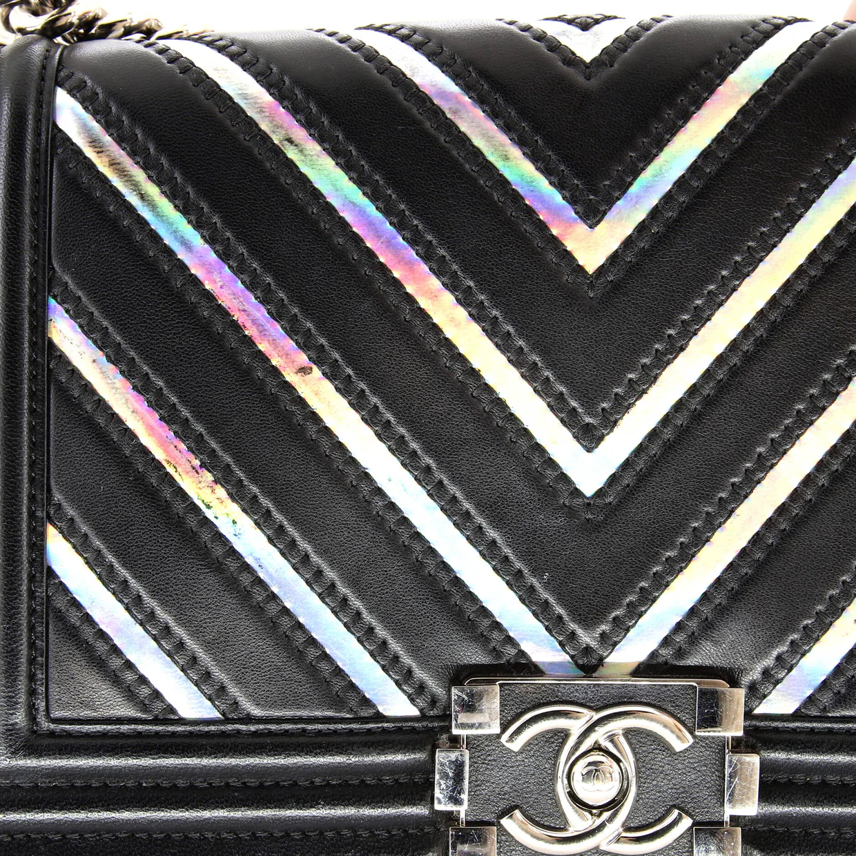 Boy Flap Bag Chevron Lambskin with Holographic PVC Old Medium - Deep Luxury