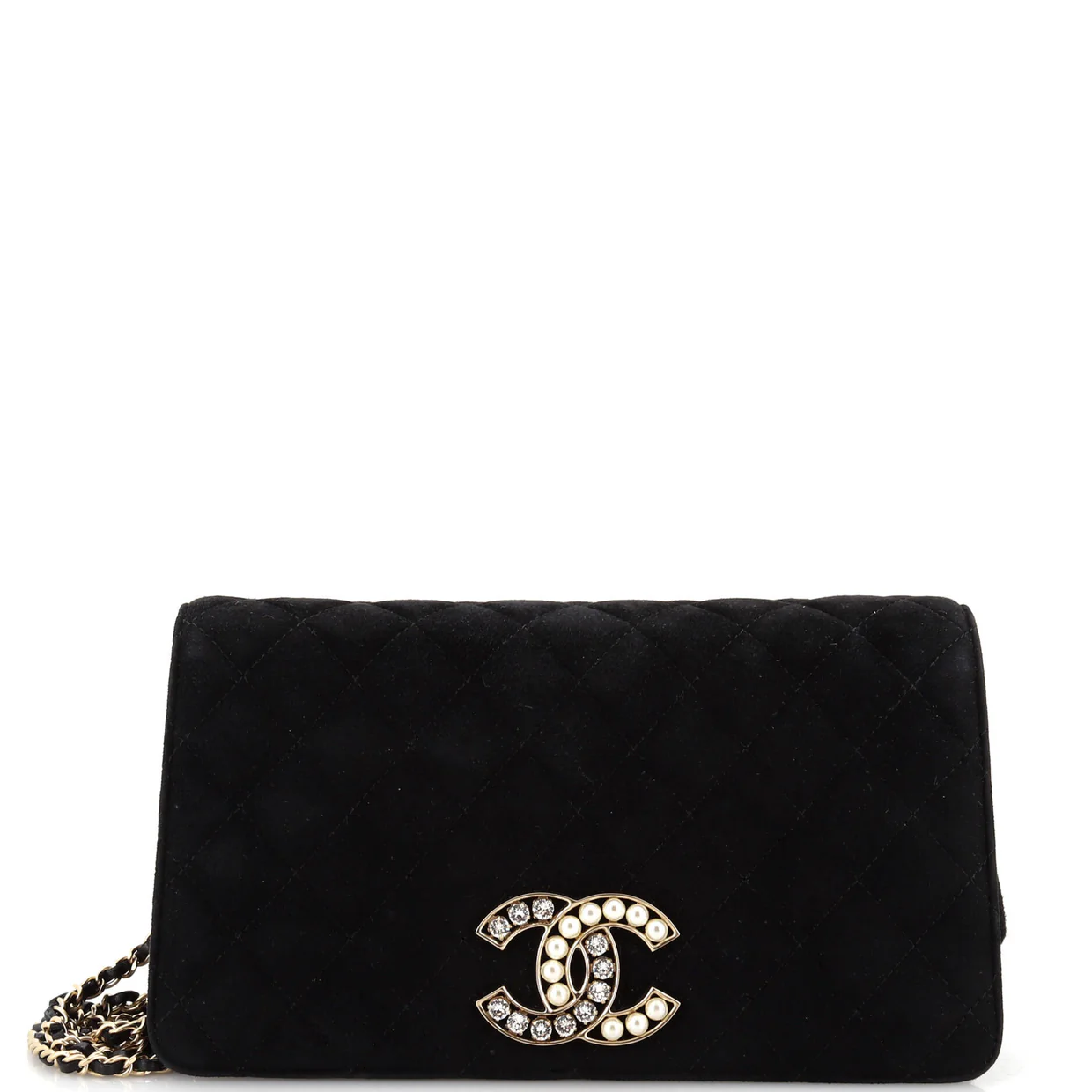 CC Chain Full Flap Bag Quilted Suede with Faux Pearls and Crystals - Deep Luxury
