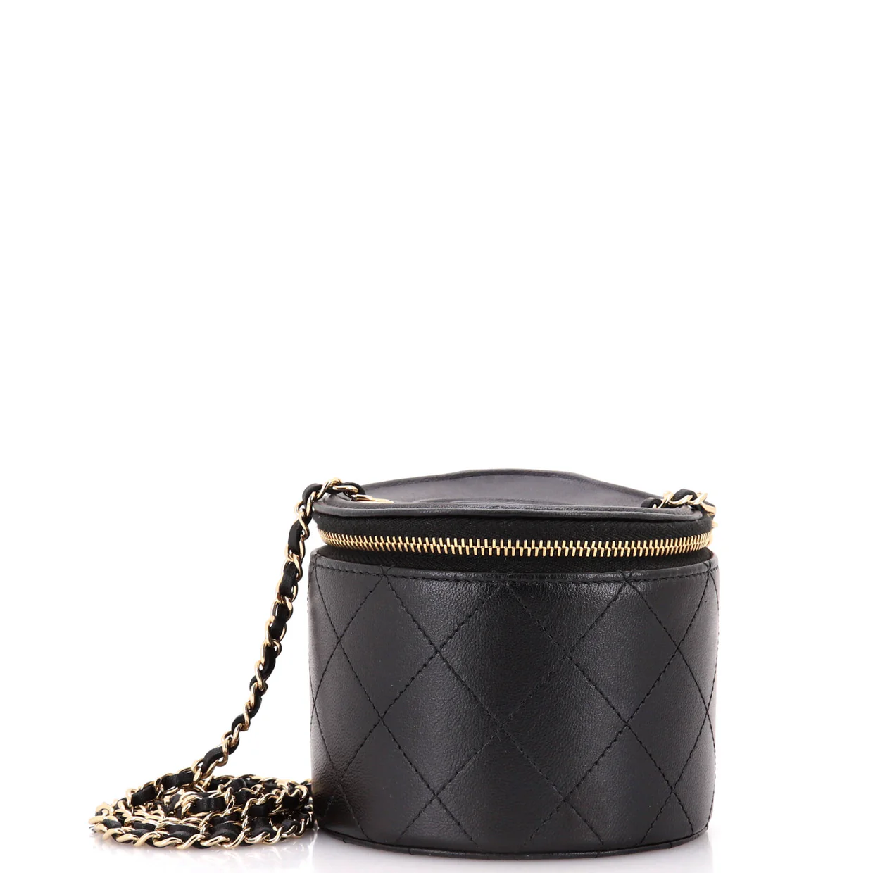 CC Round Vanity Case with Chain Quilted Lambskin Mini - Deep Luxury