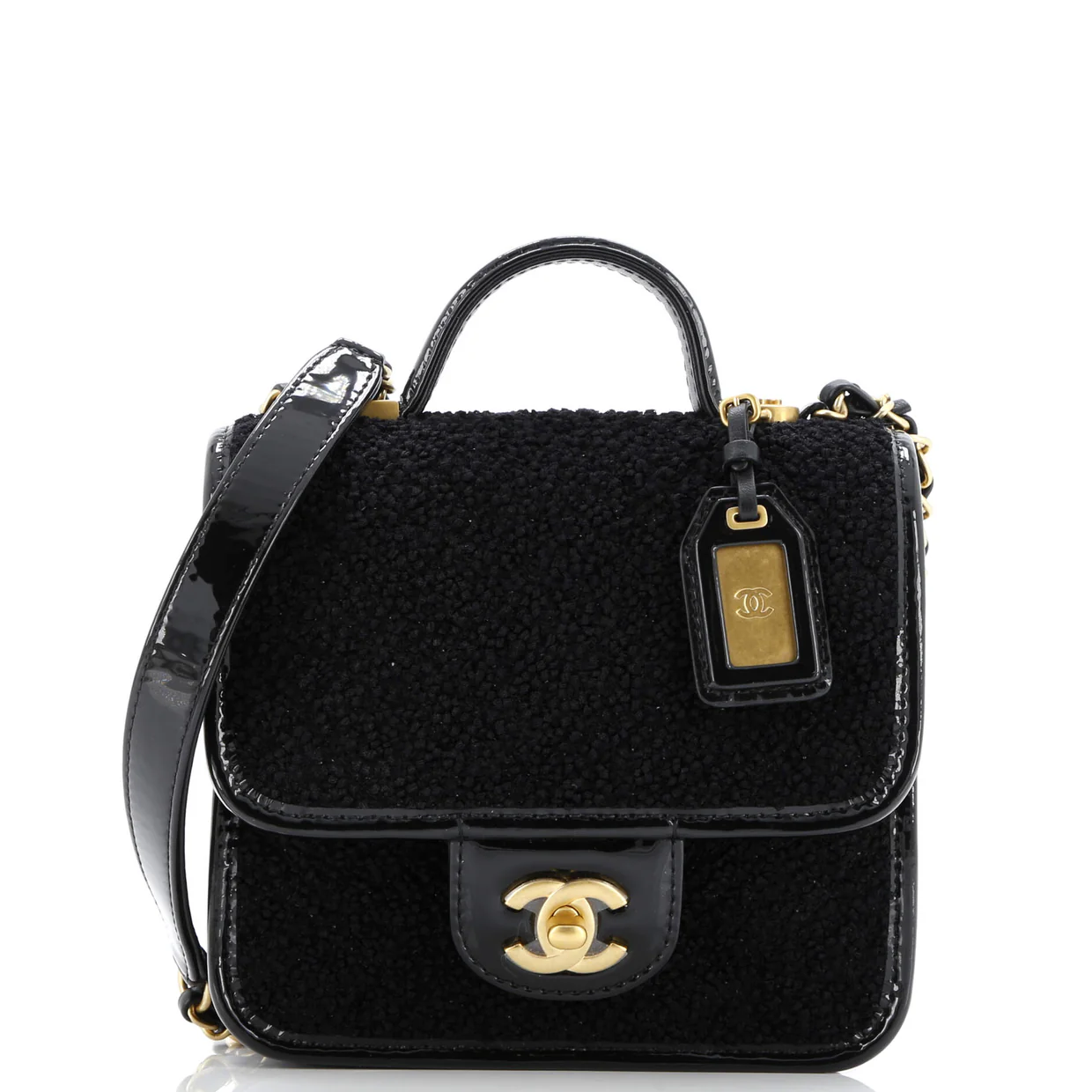 School Memory Top Handle Flap Bag Quilted Tweed with Patent Mini - Deep Luxury