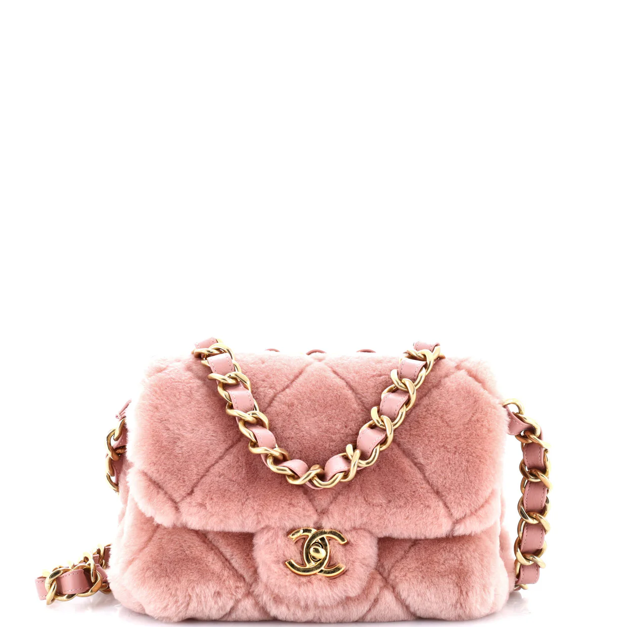 CC Bar Chain Handle Flap Bag Quilted Shearling Small - Deep Luxury