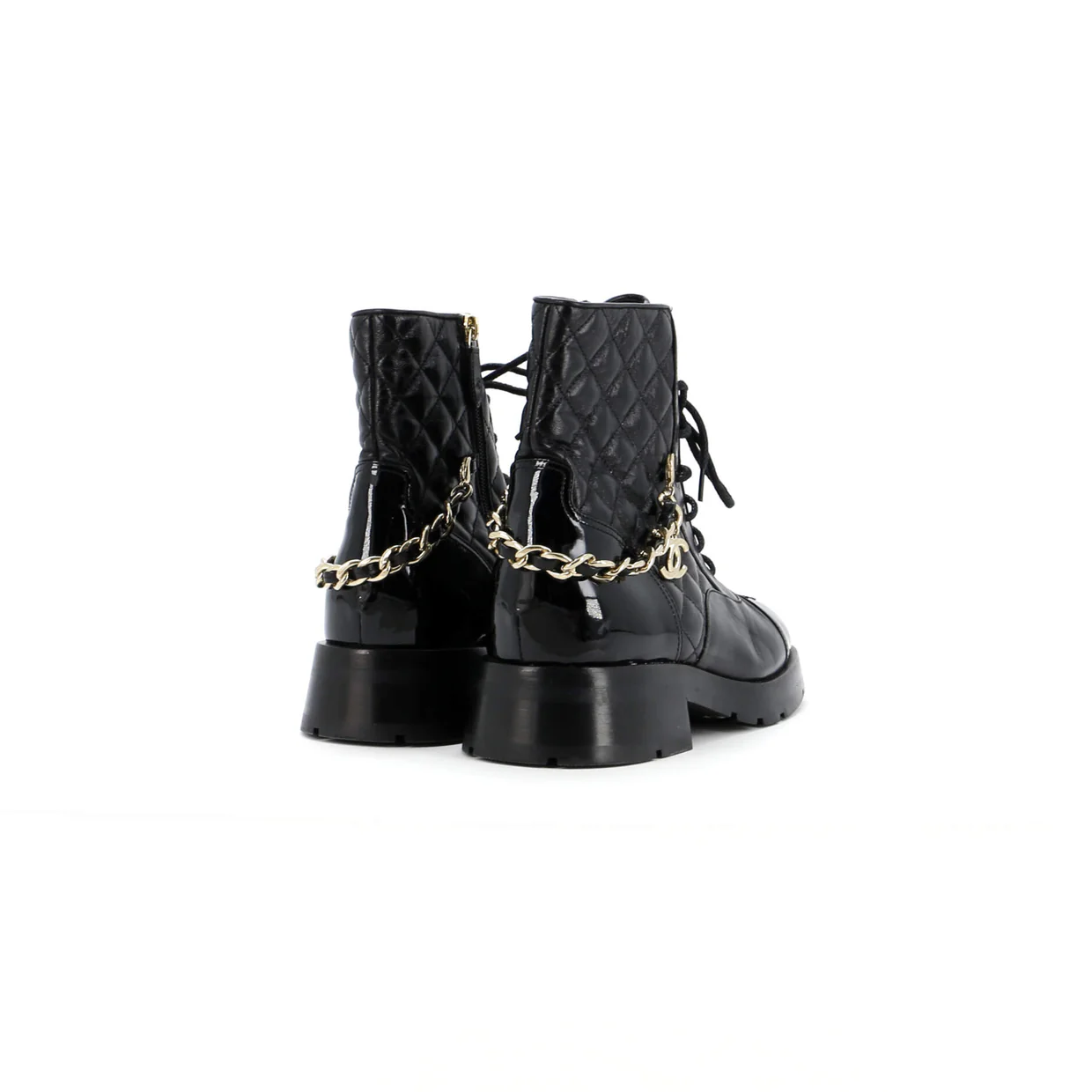 Women's Charm Chain CC Cap Toe Combat Boots Quilted Leather - Deep Luxury