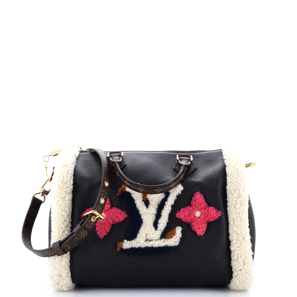 Speedy Bandouliere Bag Leather and Monogram Teddy Shearling 30 - Deep Luxury