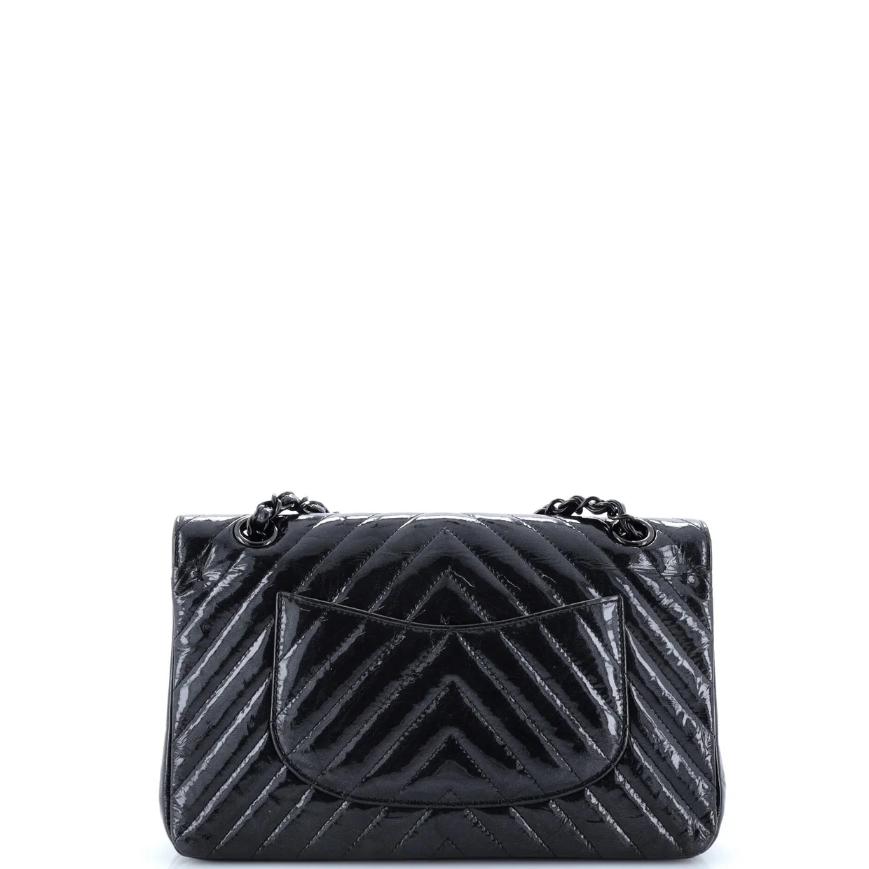 So Black Classic Double Flap Bag Chevron Crinkled Patent Medium - Deep Luxury