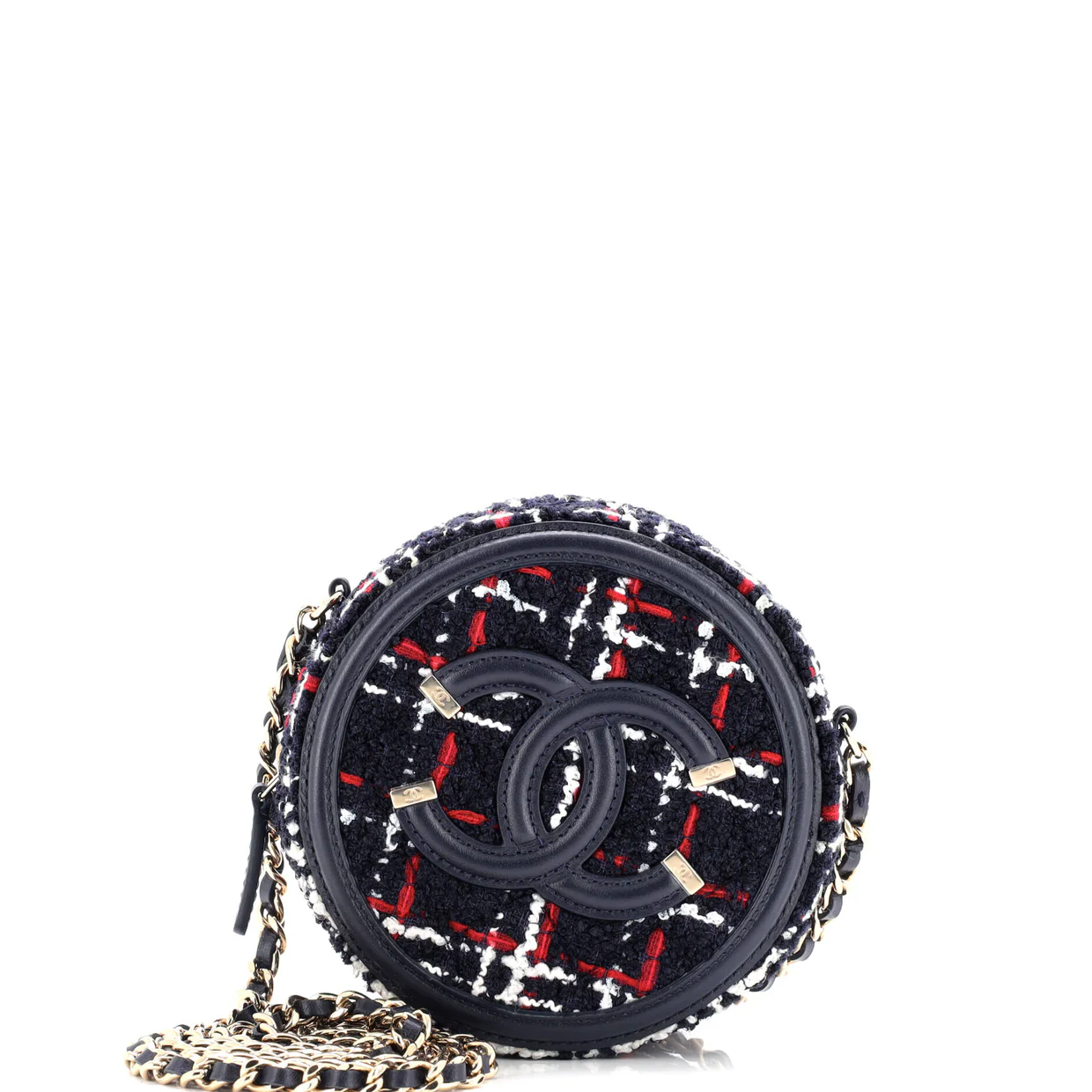 Filigree Round Clutch with Chain Quilted Tweed Mini - Deep Luxury