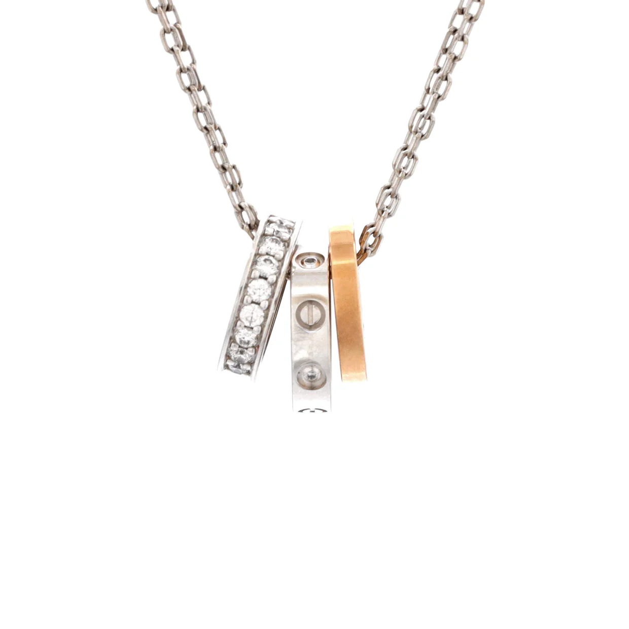 Love 3 Ring Pendant Necklace 18K Rose Gold and 18K White Gold with Diamonds - Deep Luxury