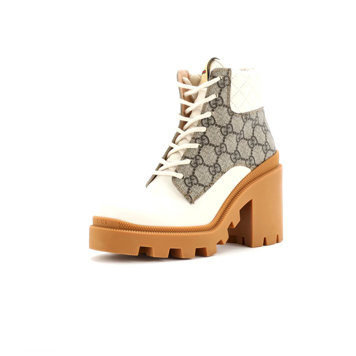 Women's Lace Up Heeled Ankle Boots GG Coated Canvas with Quilted Leather - Deep Luxury
