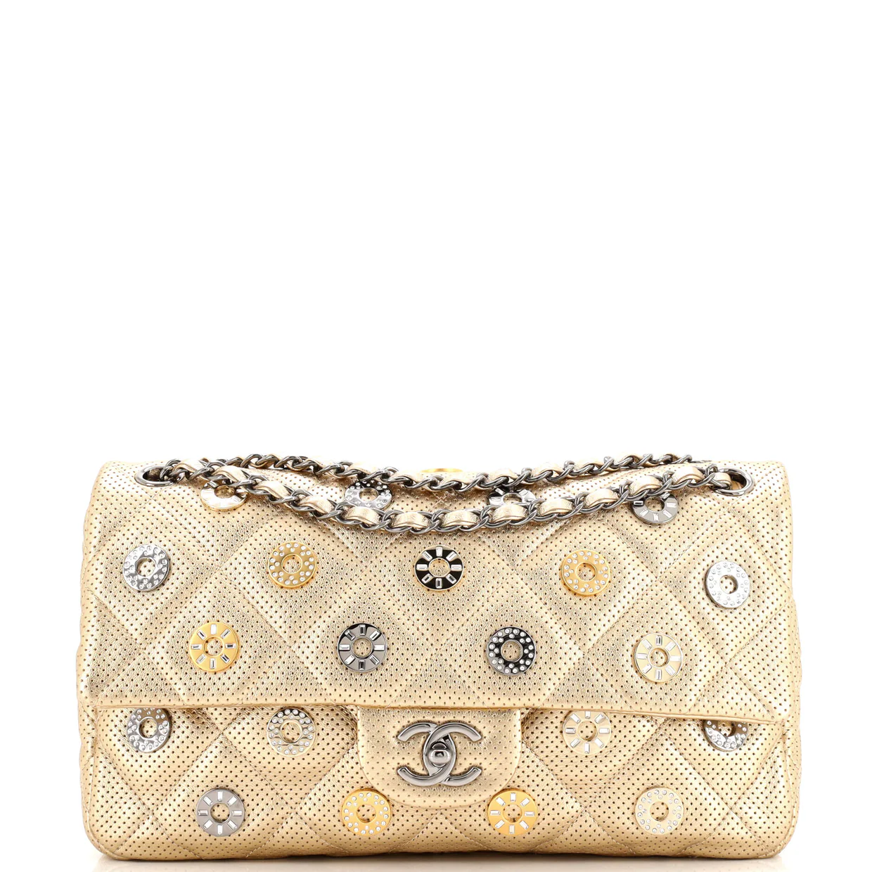 Paris-Dubai Medals Flap Bag Embellished Quilted Perforated Lambskin Medium - Deep Luxury