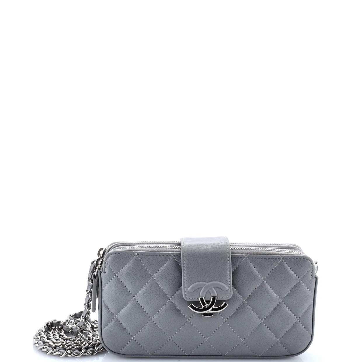 CC Box Double Zip Clutch with Chain Quilted Calfskin - Deep Luxury