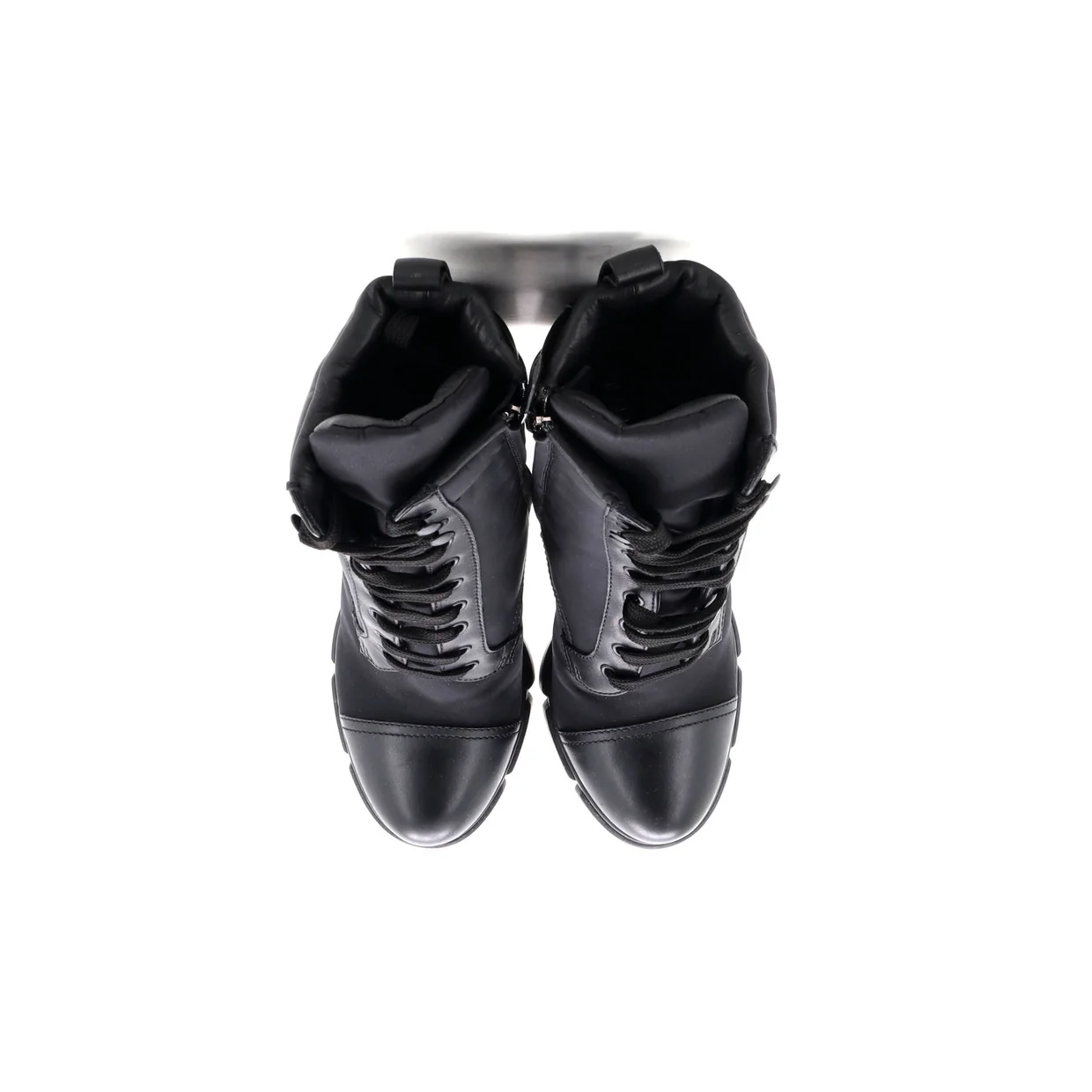 Women's Triangle Logo Heeled Ankle Boots Nylon and Leather - Deep Luxury