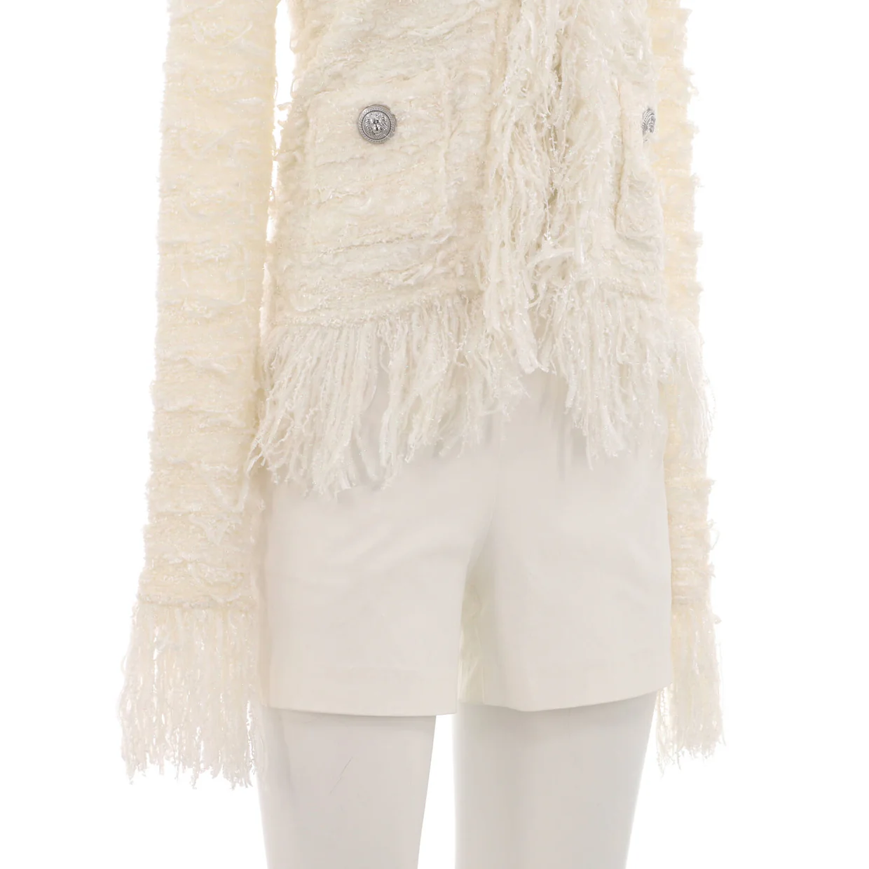 Women's Fringe Trim Collarless Pocket Jacket Tweed - Deep Luxury