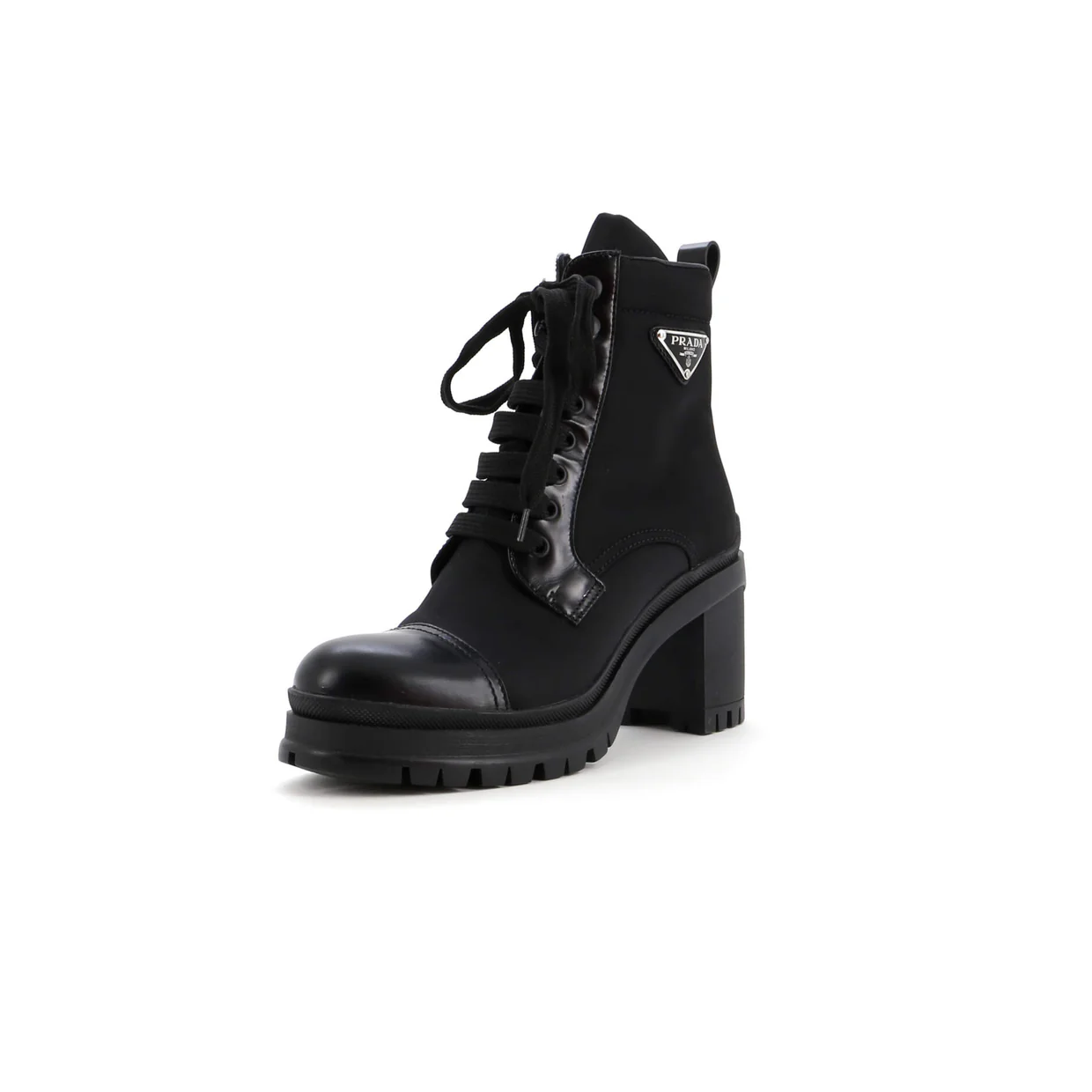 Women's Triangle Logo Heeled Ankle Boots Nylon and Leather - Deep Luxury