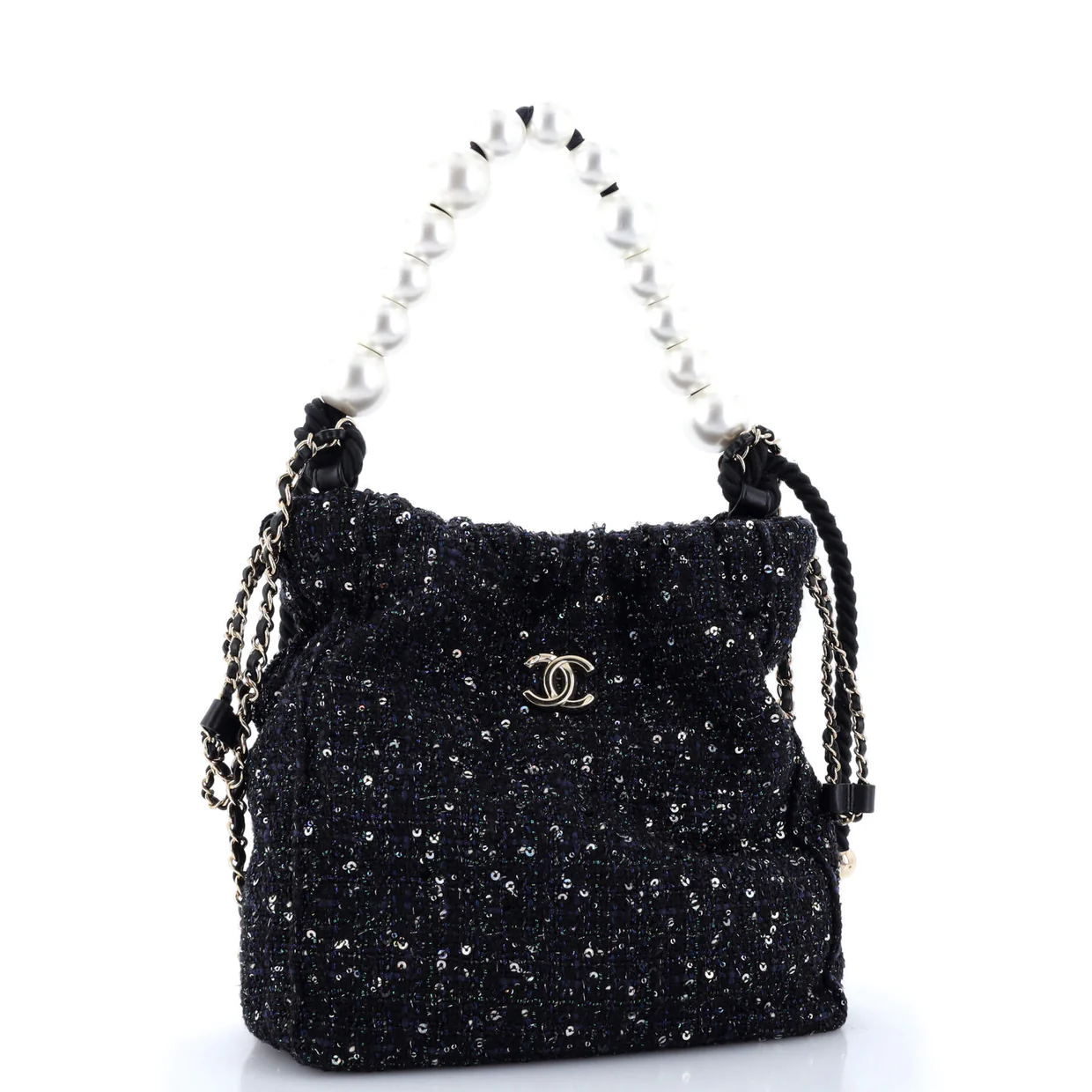 Pearl Drawstring Bag Sequin Embellished Tweed - Deep Luxury