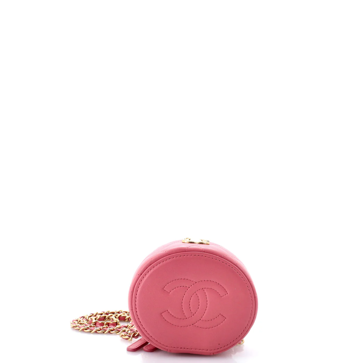 Pearl Logo Top Handle Round Vanity Case with Chain Quilted Lambskin Mini - Deep Luxury