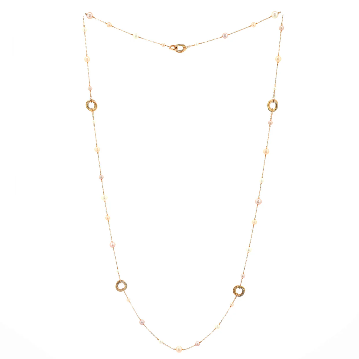Trinity Station Long Necklace 18K Tricolor Gold with Pearls - Deep Luxury