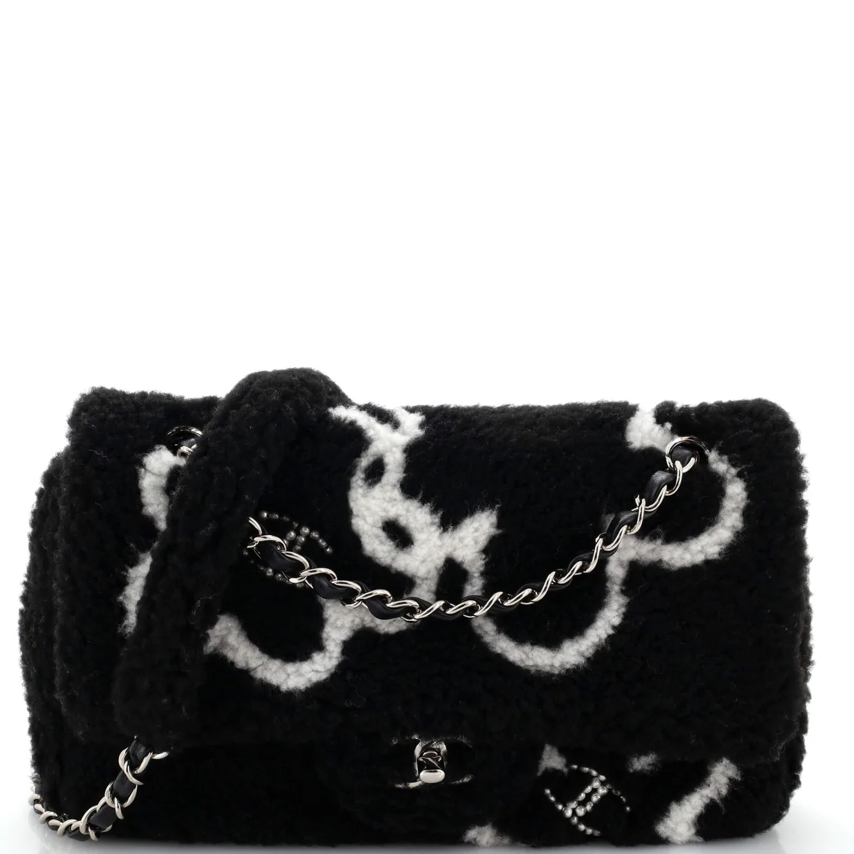 Classic Single Flap Bag Pearl Embellished Shearling Jumbo - Deep Luxury