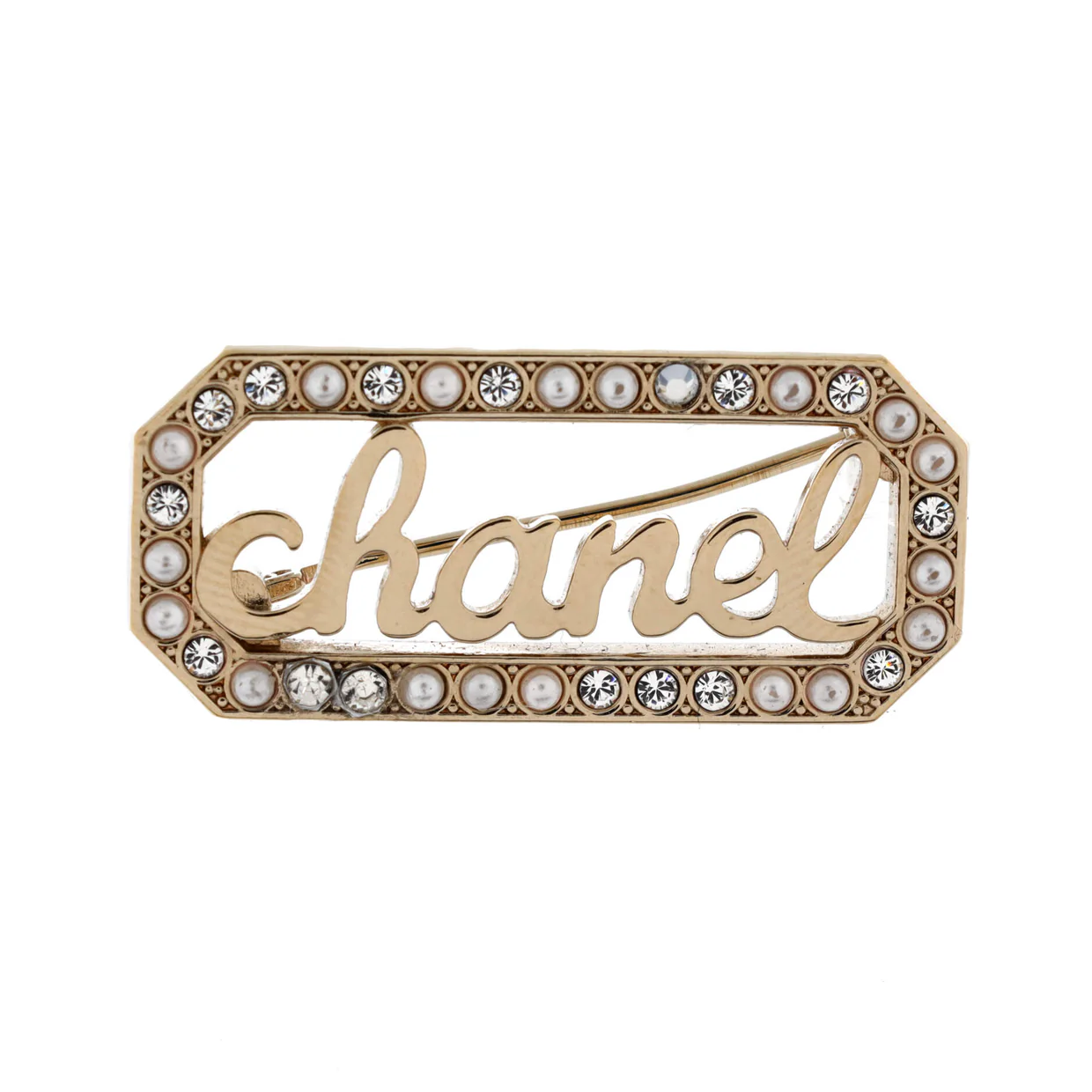 Swirling Logo Brooch Metal with Crystal and Faux Pearls - Deep Luxury