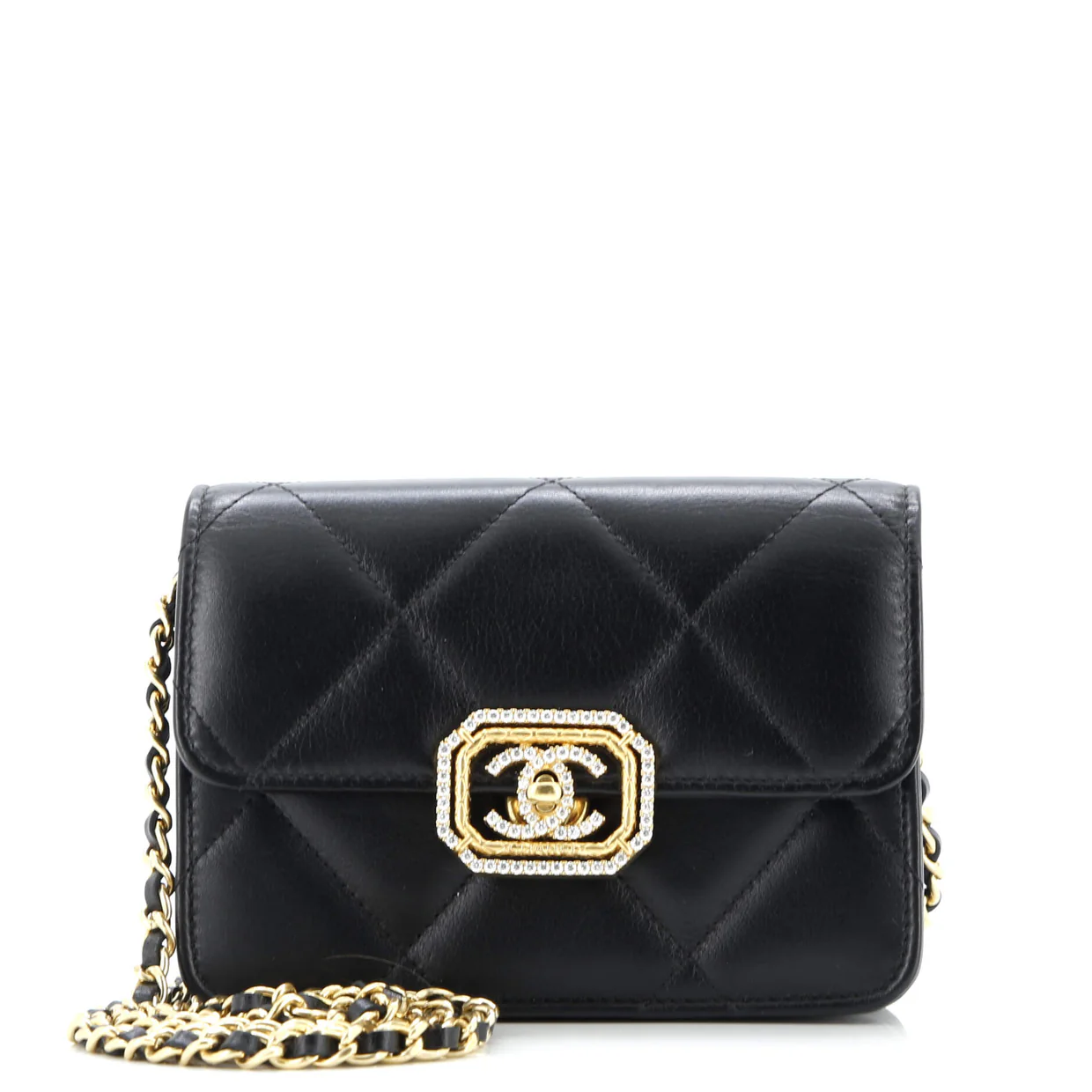 Crystal Geometric Frame CC Clutch with Chain Quilted Calfskin - Deep Luxury