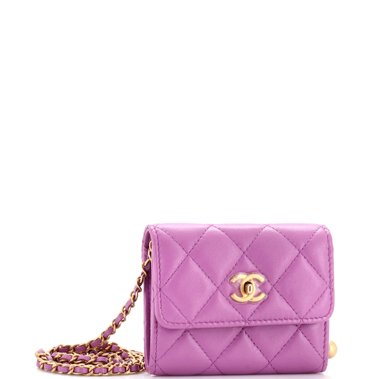 Pearl Crush Card Holder with Chain Quilted Lambskin - Deep Luxury