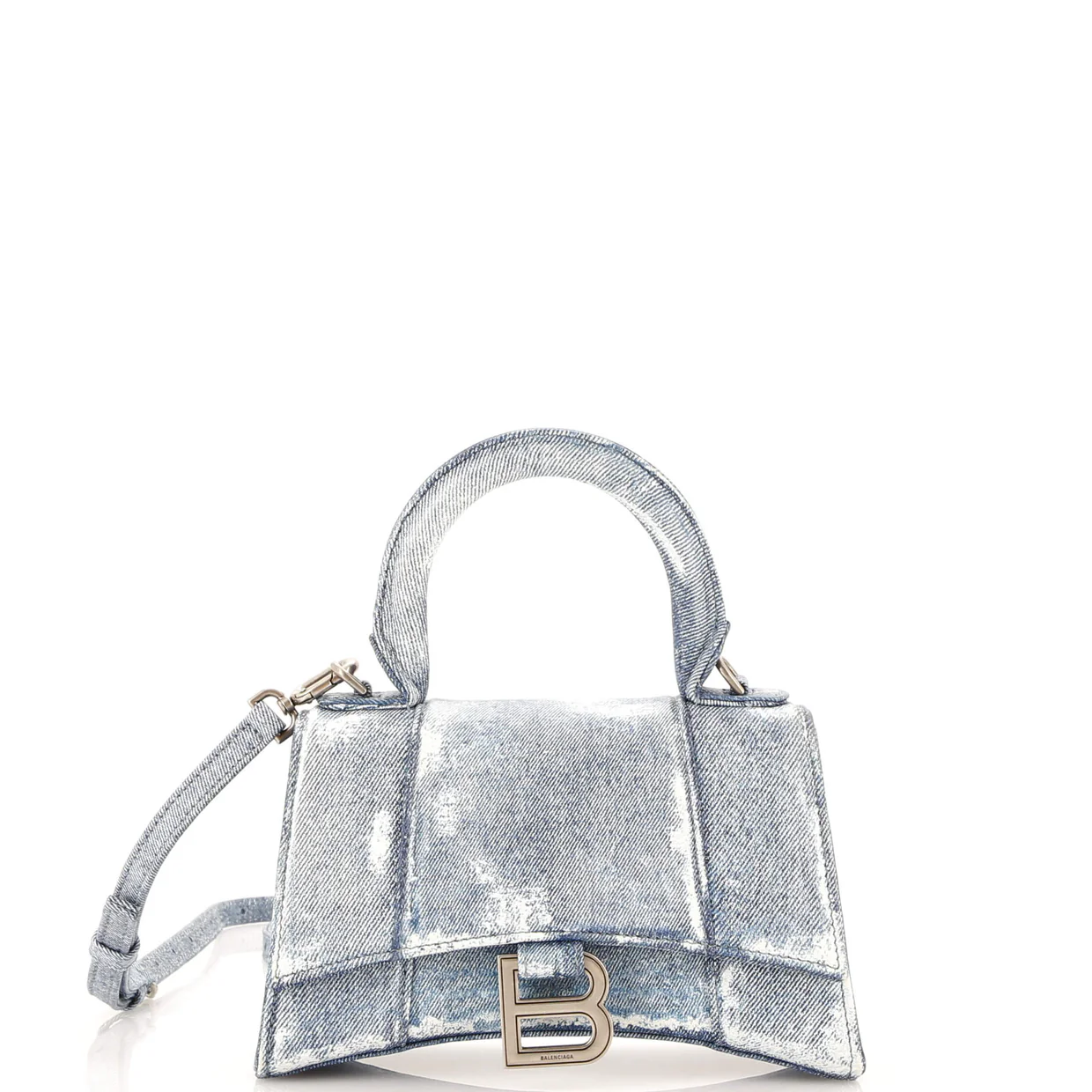 Hourglass Top Handle Bag Denim Printed Leather Small - Deep Luxury