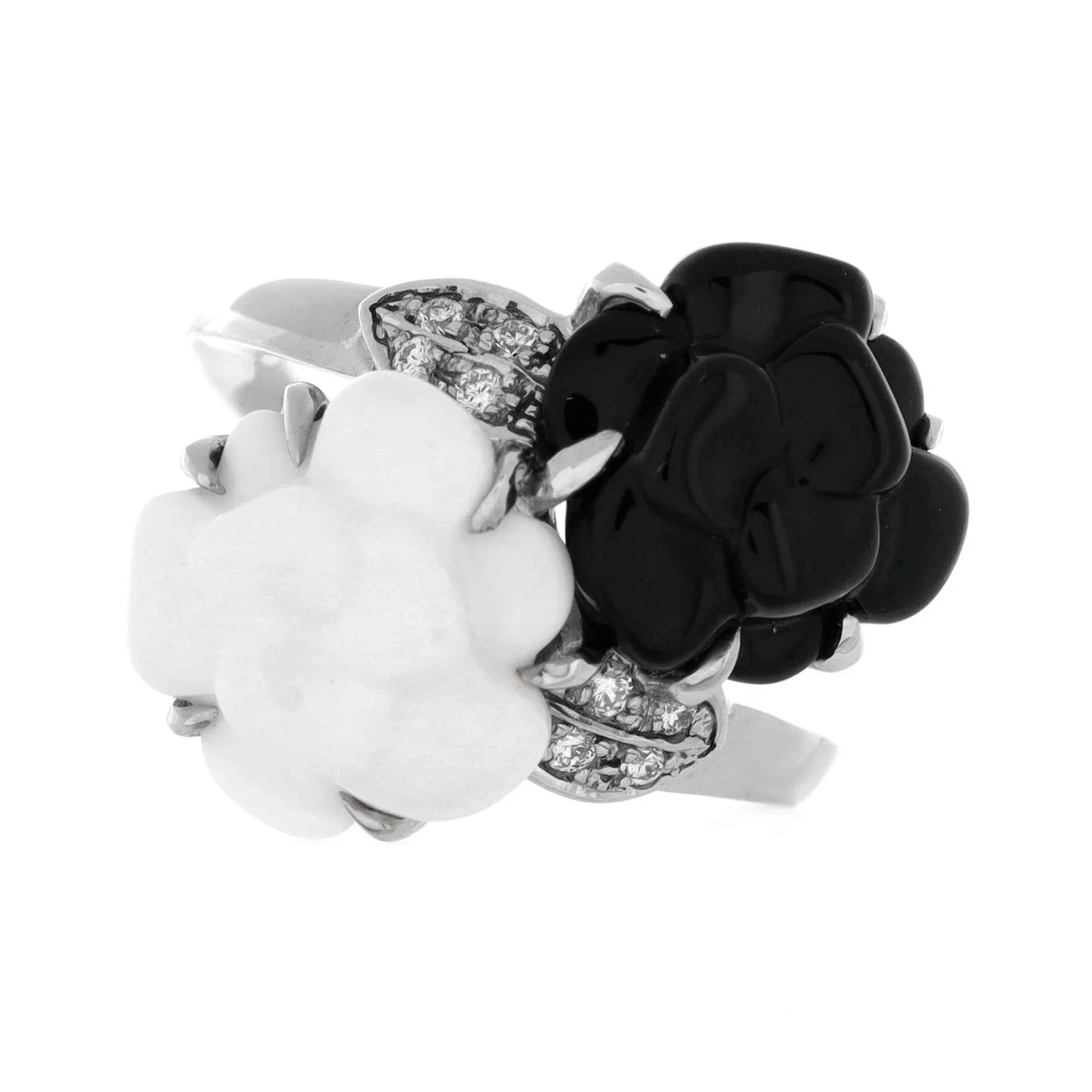 Toi u0026 Moi Camellia Sculpte Ring 18K White Gold with Onyx, Agate, and Diamonds - Deep Luxury