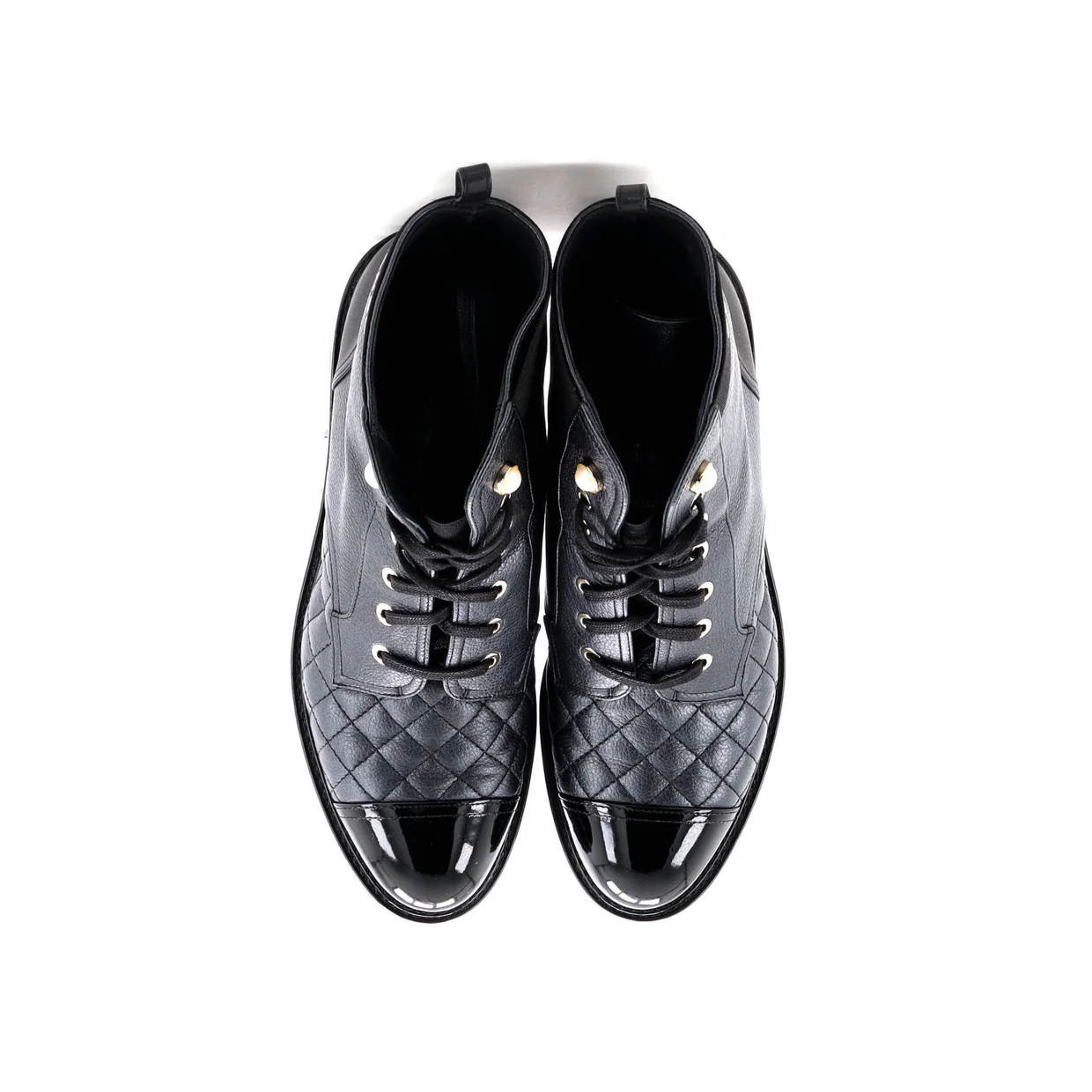Women's Logo Pearl Cap Toe Lace Up Combat Boots Quilted Leather with Patent - Deep Luxury