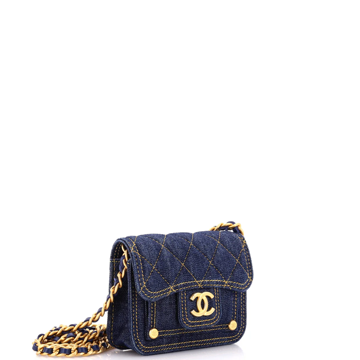 Double You CC Flap Clutch with Chain Quilted Denim - Deep Luxury