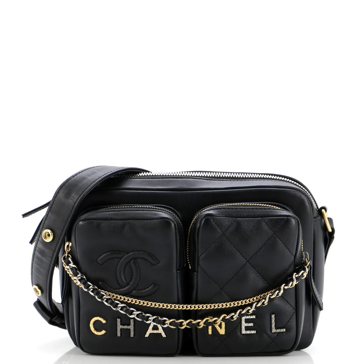 Logo Twin Pockets Chain Camera Case Quilted Calfskin Small - Deep Luxury