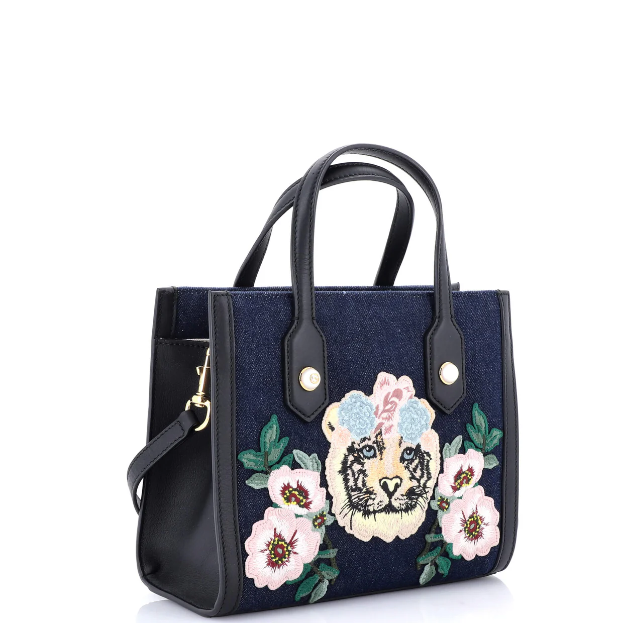 Tiger Pearl Tote Embroidered Denim Medium - Deep Luxury