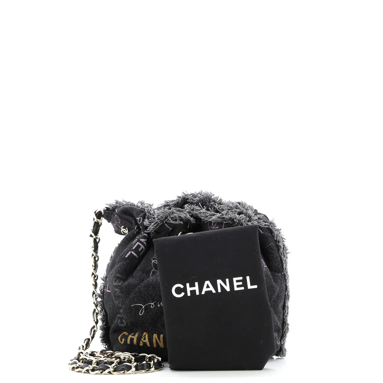 Denim Mood Chain Bucket Bag Logo Printed Quilted Fringe Denim Medium - Deep Luxury