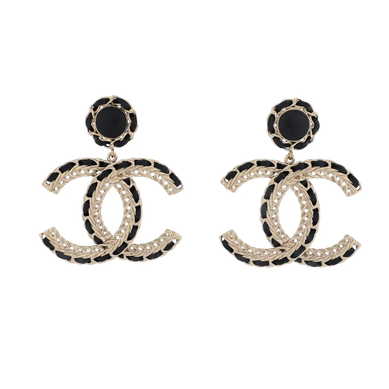CC Woven Chain Drop Earrings Metal and Leather - Deep Luxury