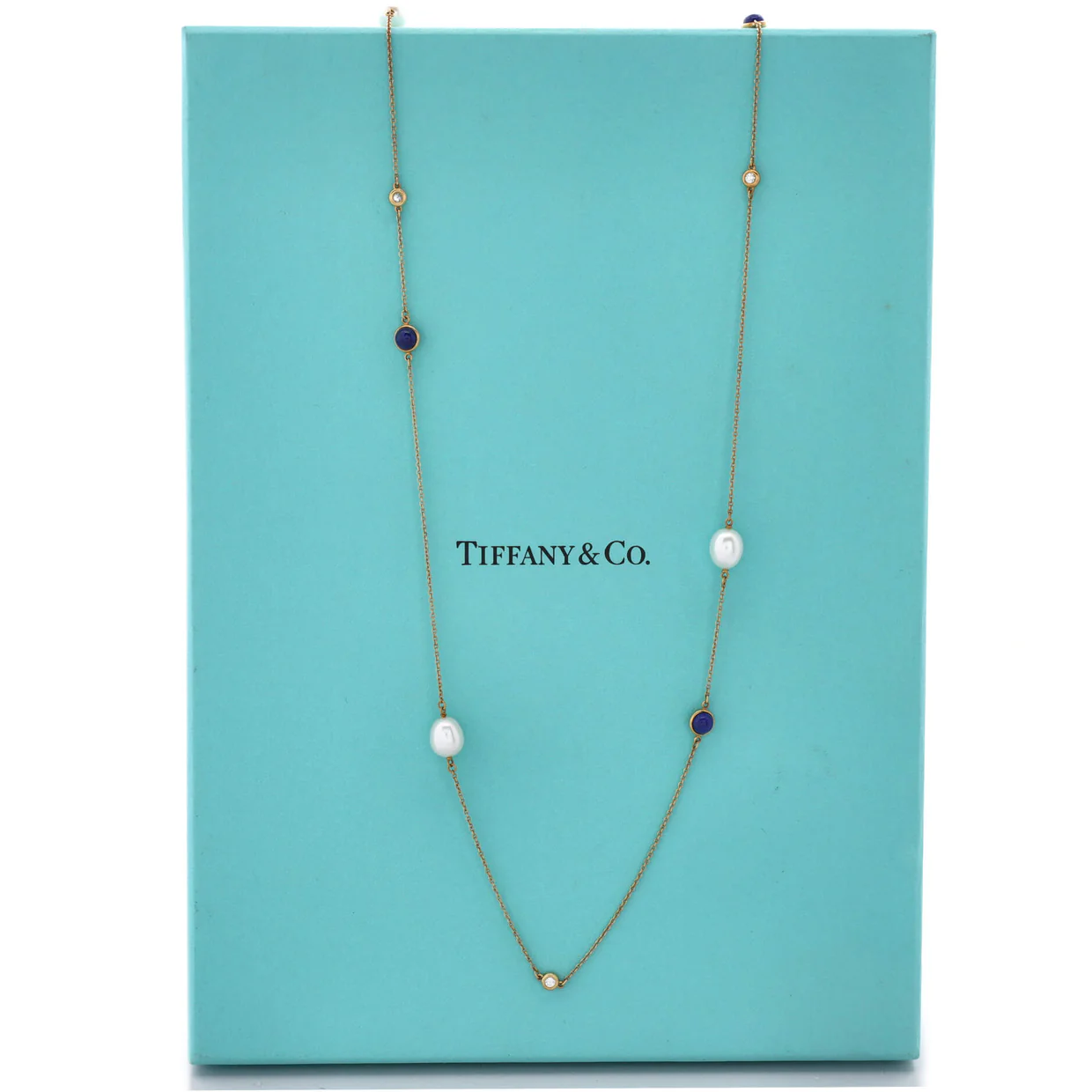 Elsa Peretti Diamonds By The Yard 13 Station Necklace 18K Yellow Gold with Diamonds and Pearls with Lapis Lazuli - Deep Luxury