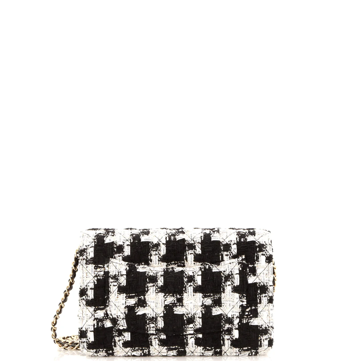 Wallet on Chain Quilted Houndstooth Tweed and Ribbon - Deep Luxury