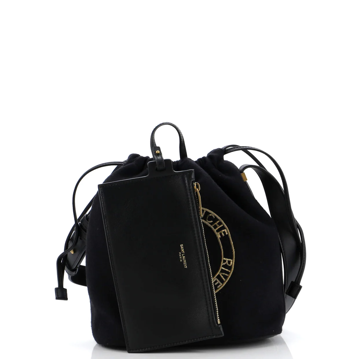 Rive Gauche Drawstring Bucket Bag Embroidered Wool - Deep Luxury