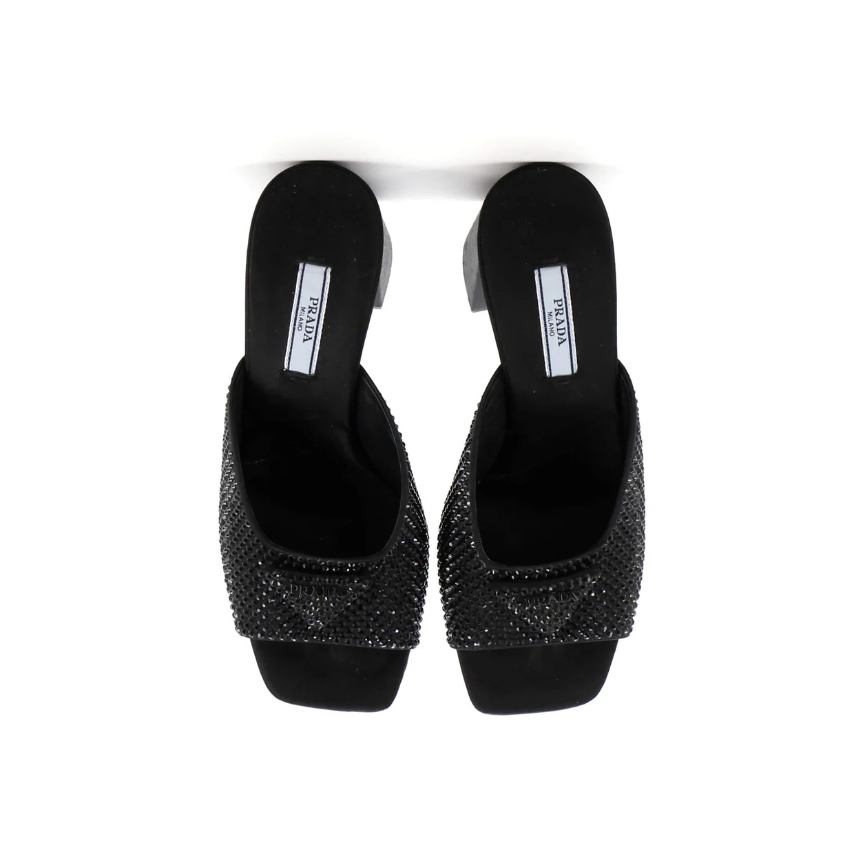 Women's Triangle Logo Heeled Mule Sandals Crystal Embellished Satin - Deep Luxury