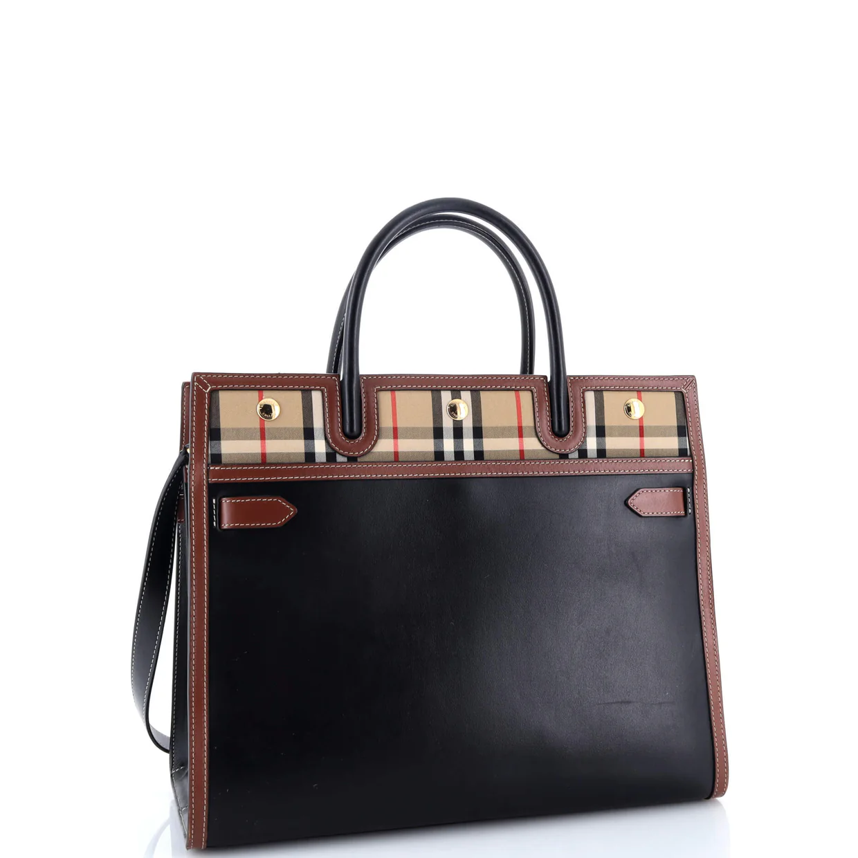 Title Two Handle Tote Leather with Vintage Check Canvas Medium - Deep Luxury